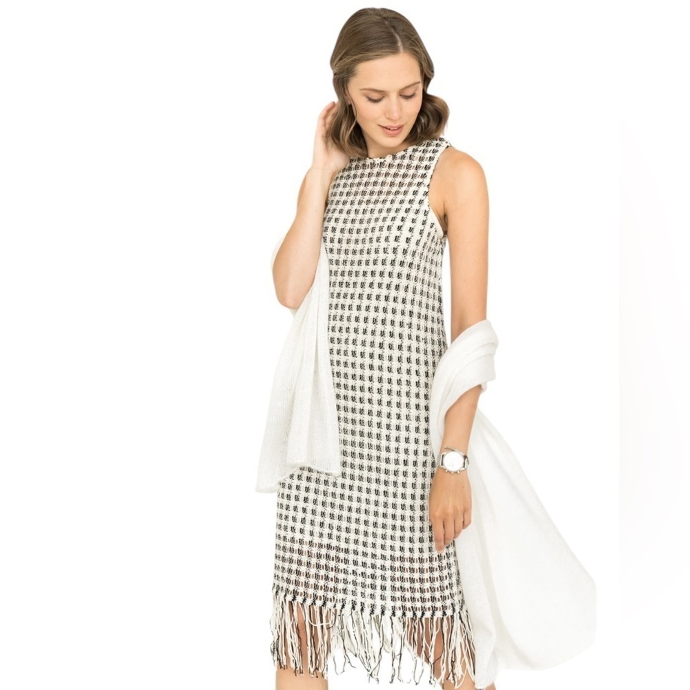 Mango Crochet Knit Dress with Finge Hem Navy and Cream Size XS